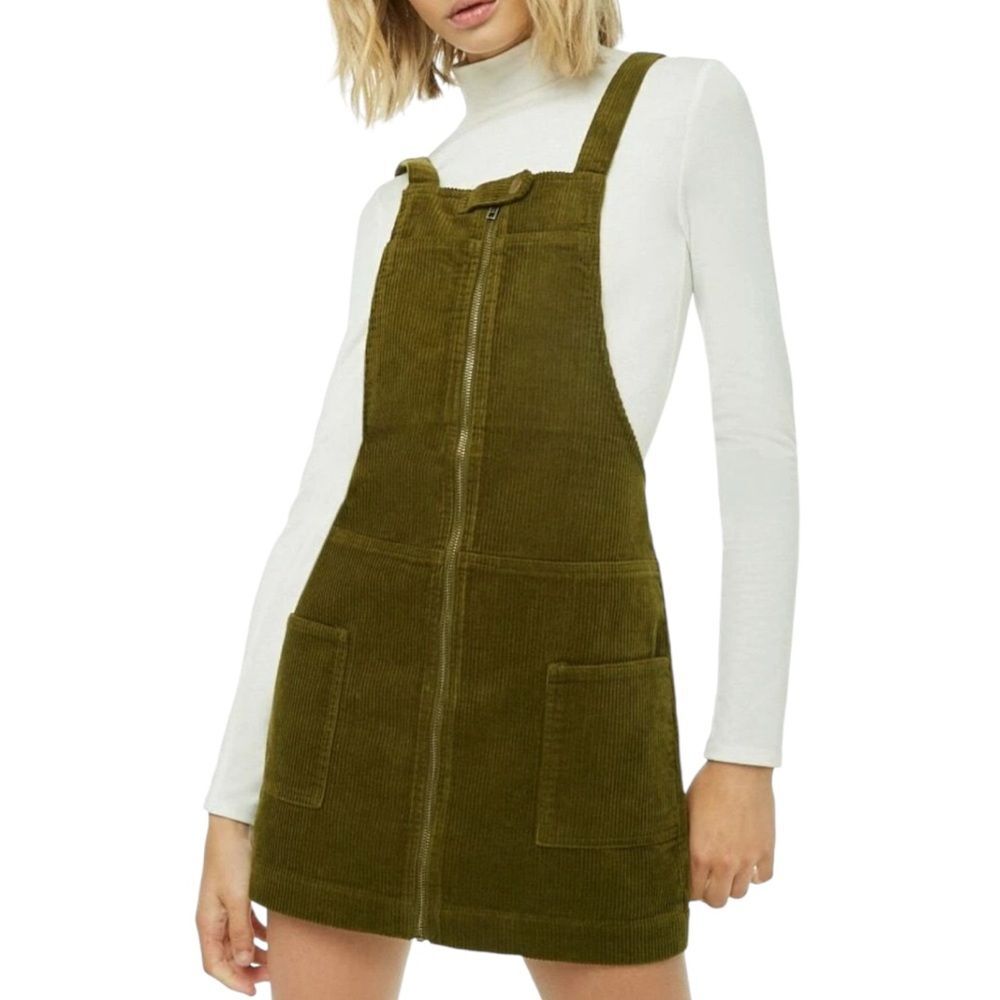 Forever 21 Women’s Olive Corduroy Zip-Front Pinafore Dress | Size Large